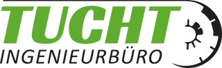 Logo von Tucht Ingenierbüro, große grüne Schrift mit folgendem angedeuteten schwarzten TÜV Siegel.