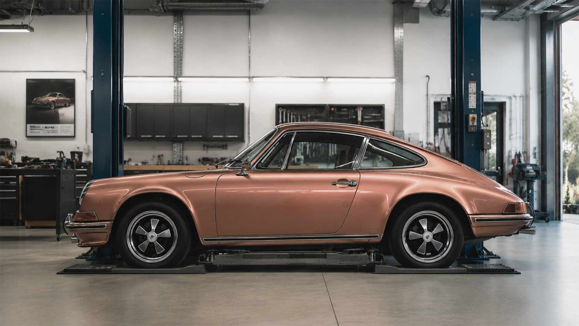 Ein Oldtimer mit einer ähnlichen Silhouette wie ein alter Porsche 911 in kupferfarbener Lackierung steht auf einer Anlage zur Gewichtsmessung in einer TÜV Halle
